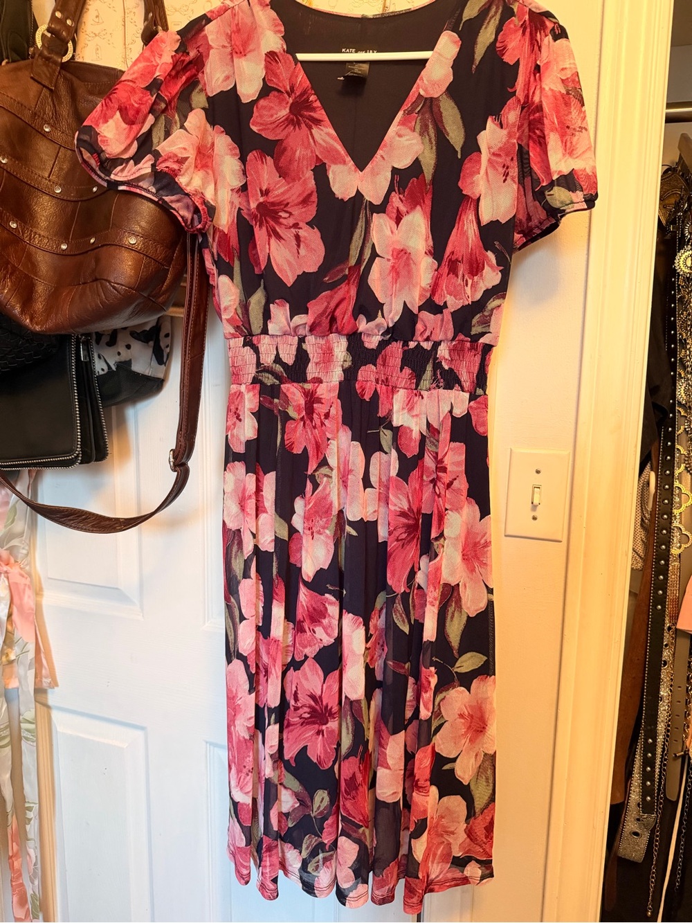 Kate and Lily Navy Floral V-Neck Dress with Pink Blooms
